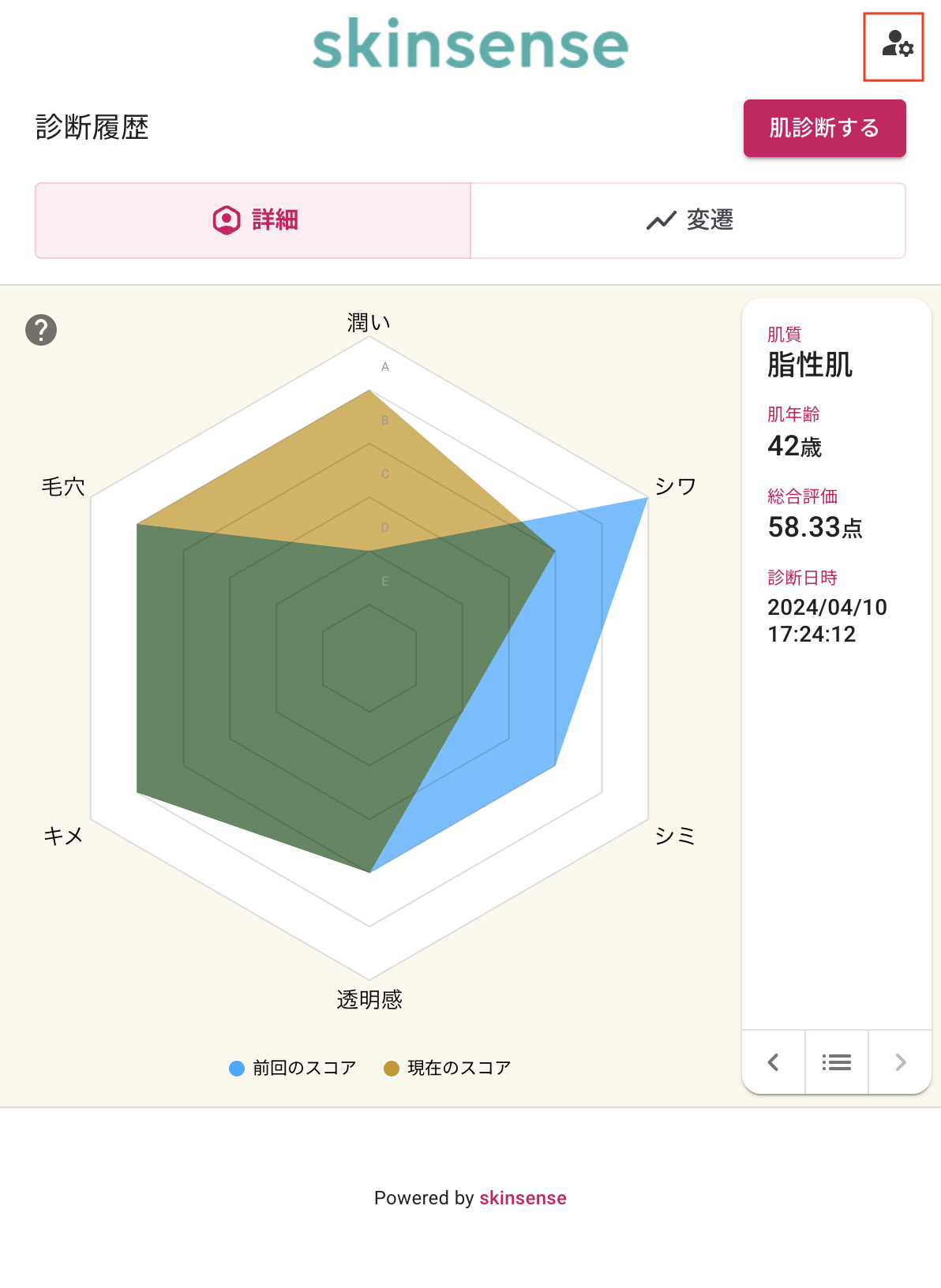 診断結果画面の右上にボタンが表示される