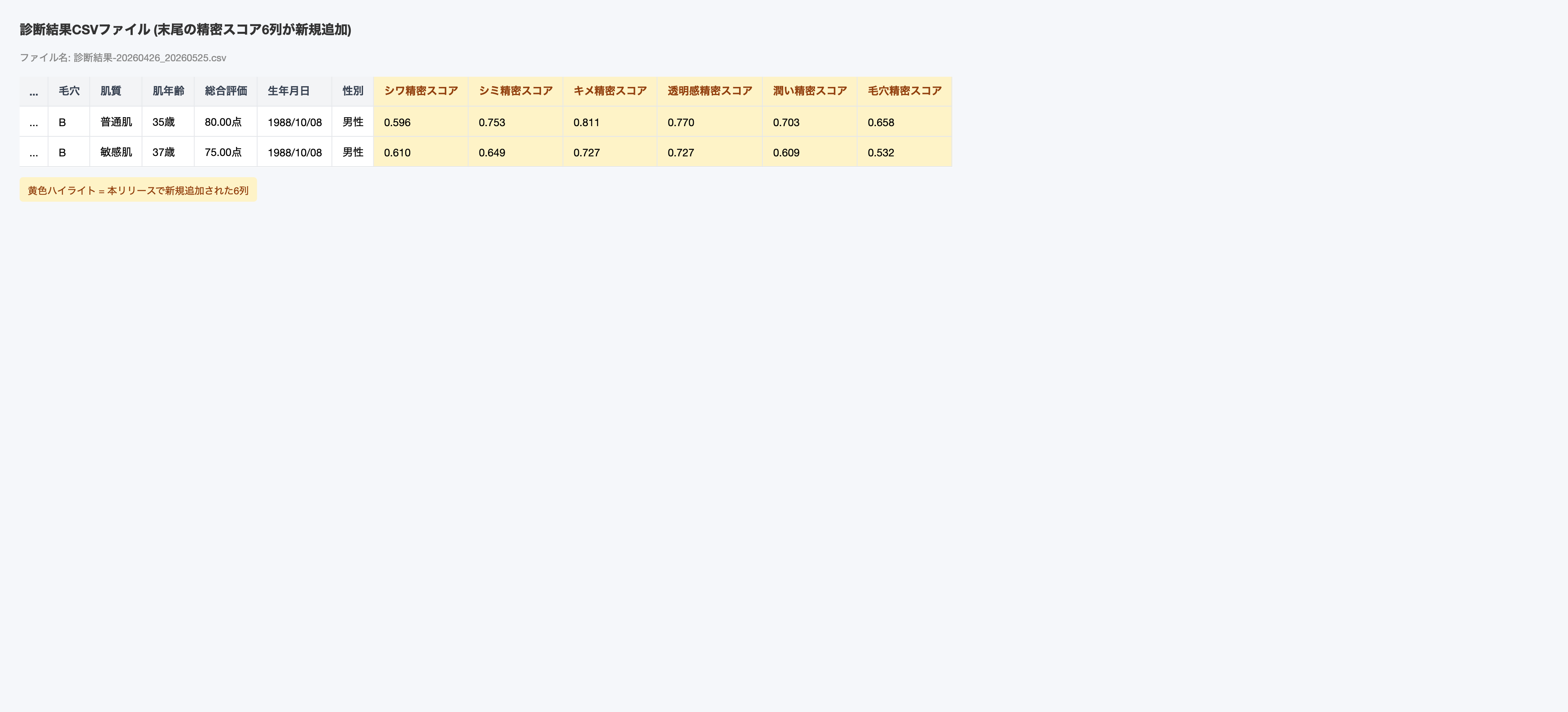 CSVに精密スコア列が追加された様子